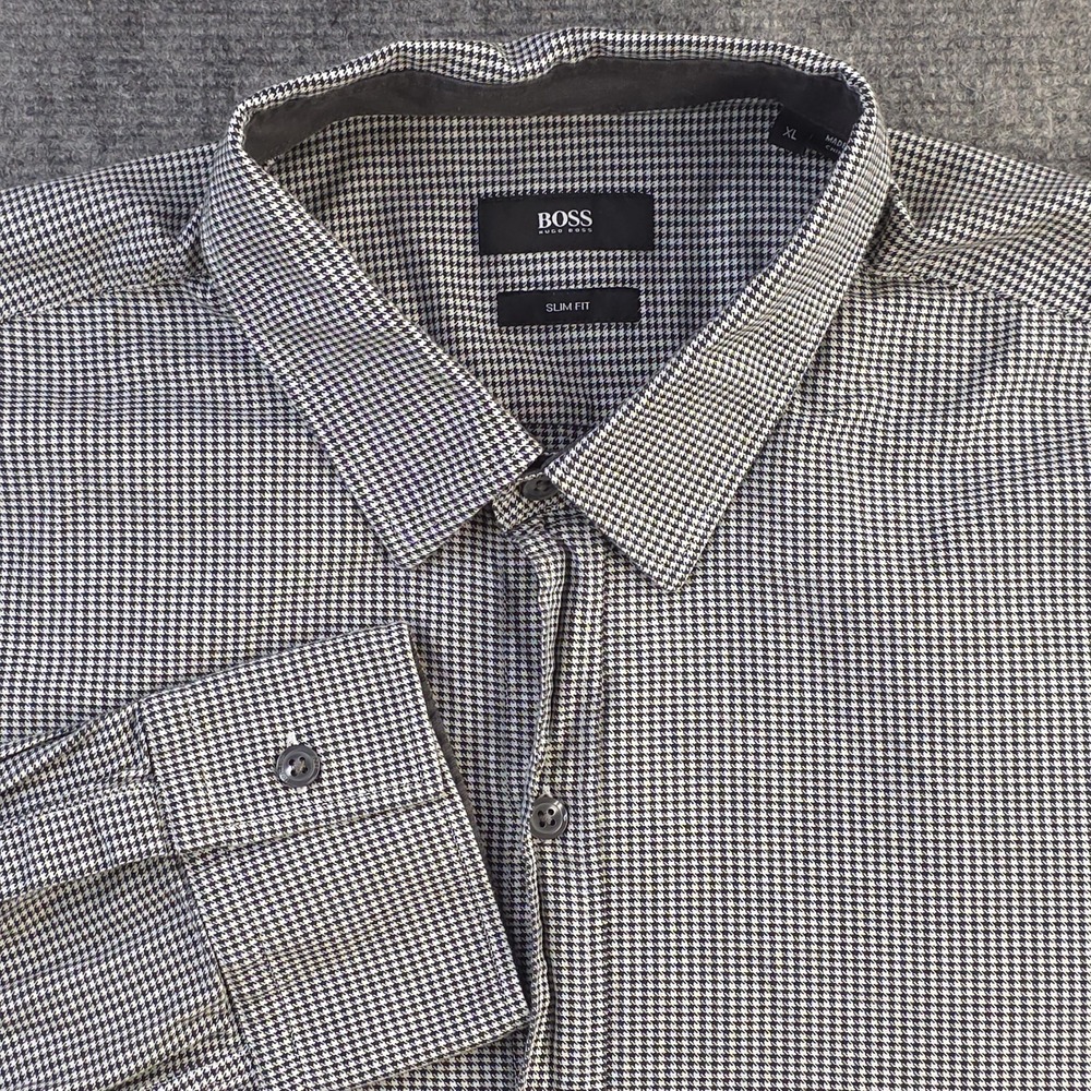 Hugo Boss Shirt XL Slim Fit Black Houndstooth Long Sleeve Button‎ Up Cotton